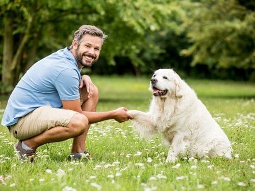 Uomo gioca con il cane nel giardino